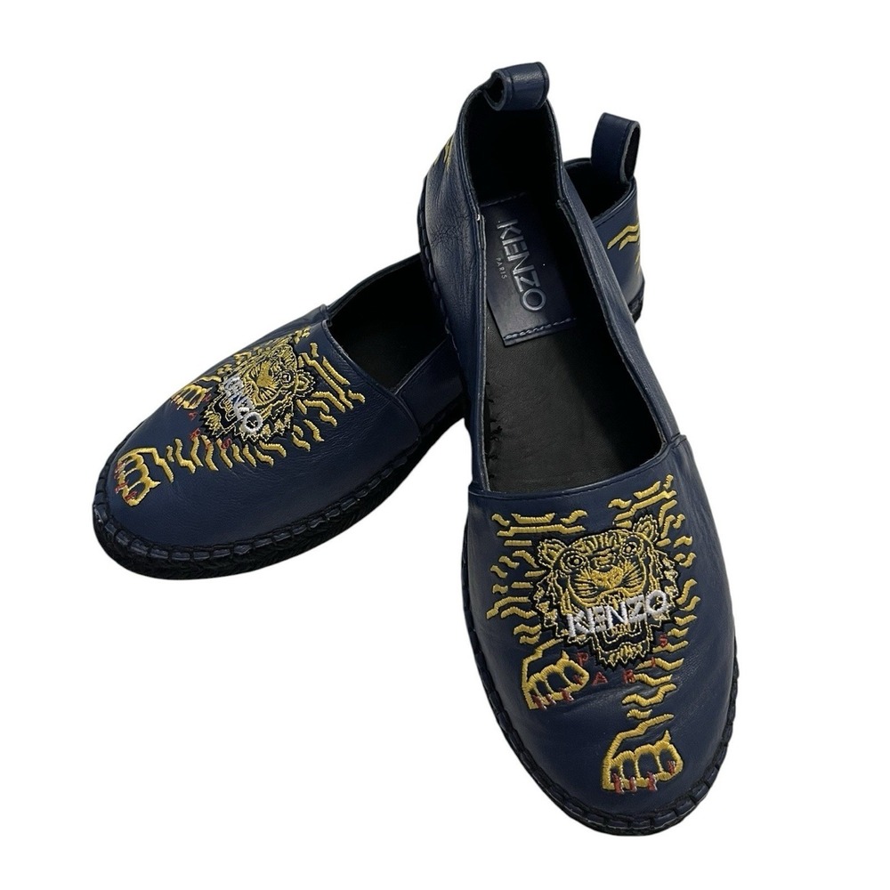 $430 KENZO Sz 39 8 US Tiger Navy Embroidered Leather Espadrille Loafer